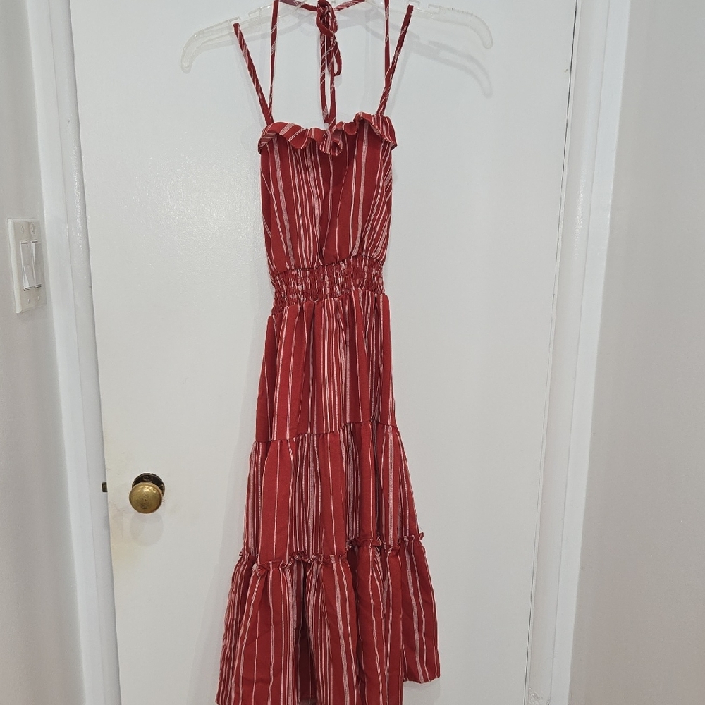 One Clothing Rusty Red Striped Spaghetti Strap Boho Ruffle Tiered Midi Sundress